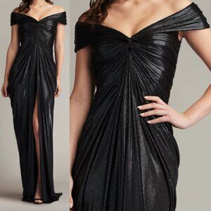 NWT TADASHI SHOJI Hera Pleated Metallic Lame Gown Dress titanium Size S